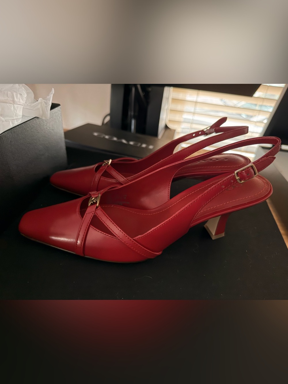Coach Rowyn Red Slingback Leather Heels with Gold Accent~NEW
